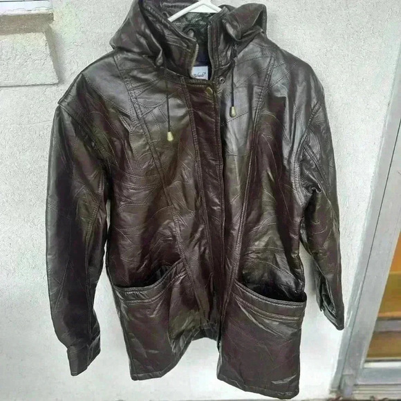 Brown Leather Hooded Jacket. Size large. Leather barn coat chore jacket - Picture 1 of 9